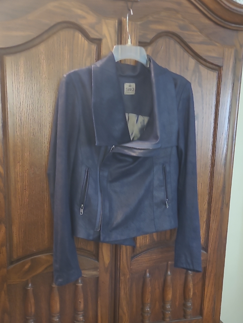 SW3 Bespoke Navy Asymmetrical Leather Jacket
